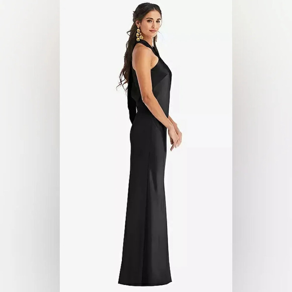Lovely By Dessy Group-Draped Twist Halter Tie-Back Trumpet Gown in Black - Picture 3 of 4